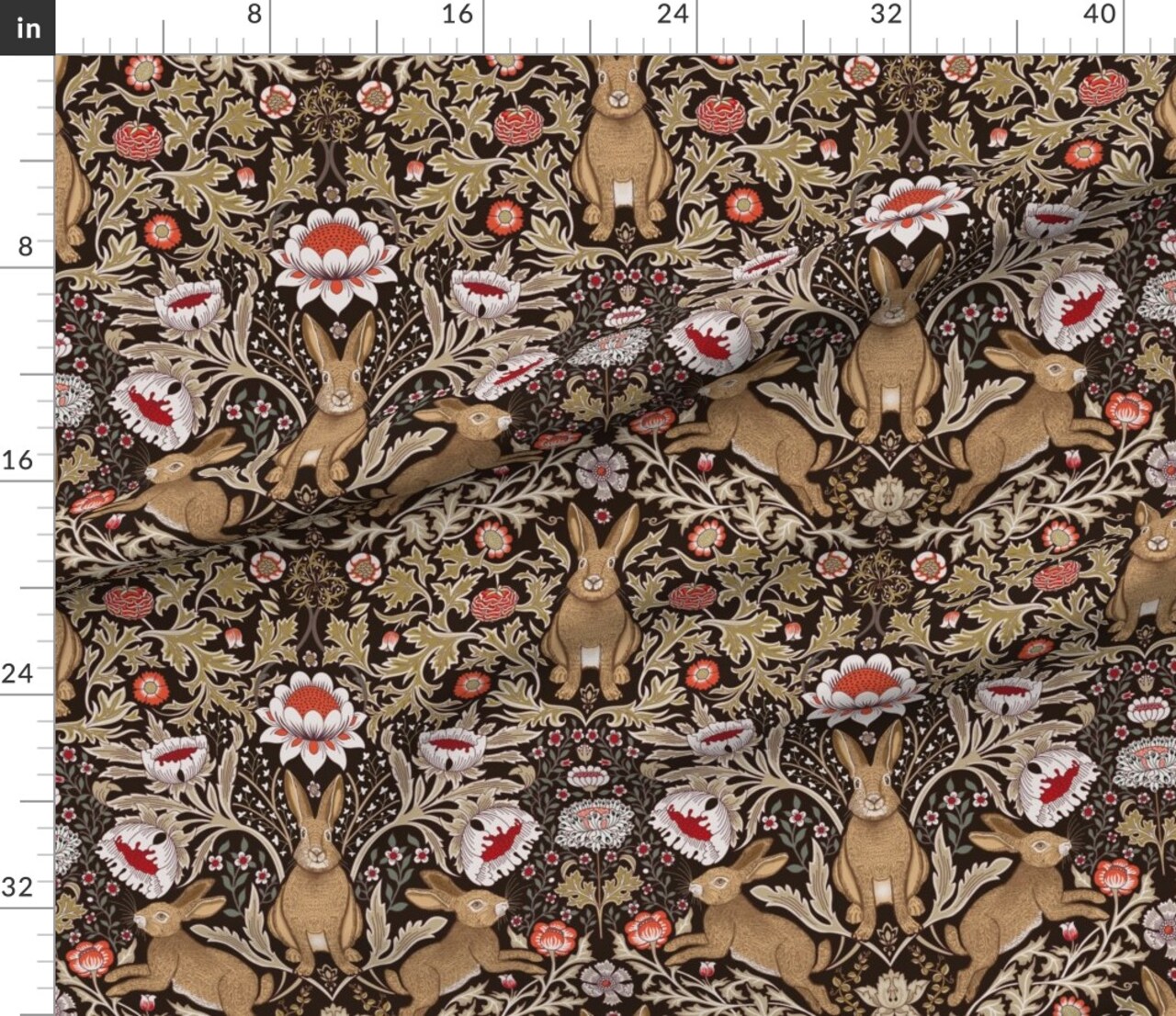 Rabbit Neutral Damask Red Floral Botanical Earth Tones Traditional Arts And Crafts Custom Printed Fabric by Spoonflower Various Fabrics by the Yard or Fat Quarter